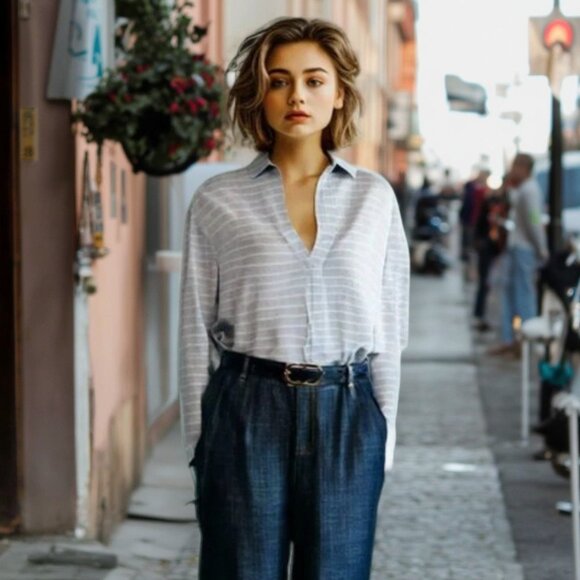 Frank & Eileen Tee Lab Gray White Stripe Long Sleeve Button Down Tee, Si… - Picture 1 of 9